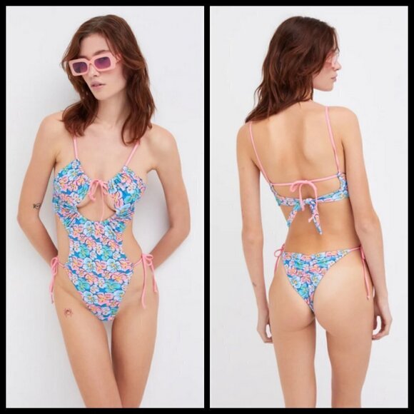 💕FOR LOVE AND LEMONS💕 Yasmin One-Piece Swimsuit ~ Blue Floral Print Small NWT - Picture 1 of 14